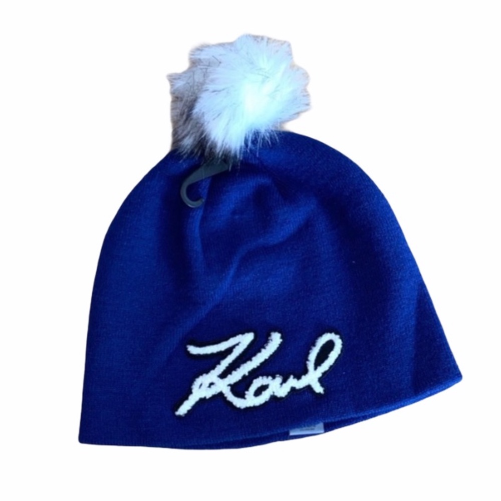 NWT Karl Lagerfeld Paris Blue Faux Fur Pom Beanie